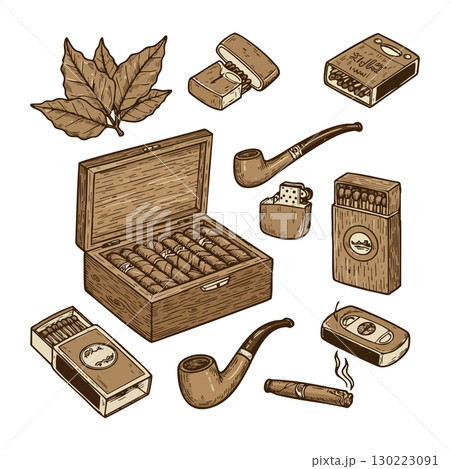 Vintage tobacco collection with wooden cigar box pipes and matches vector illustration Vintage tobacco collection with wooden cigar box pipes and matches vector illustration 130223091