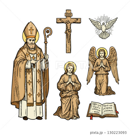 Saint Nicholas bishop with praying angel crucifix dove and holy bible vector illustration 130223093