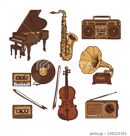 Vintage musical instruments and audio devices including piano saxophone violin and gramophone vector illustration Vintage musical instruments and audio devices including piano saxophone violin and gramophone vector illustration 130223101
