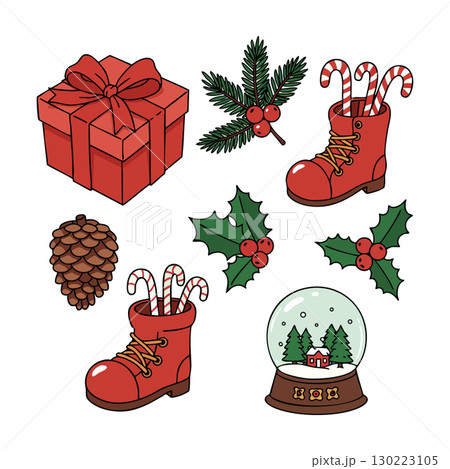 Christmas holiday red gift box red boots candy canes pine cone holly snow globe vector illustration Christmas holiday red gift box red boots candy canes pine cone holly snow globe vector illustration 130223105