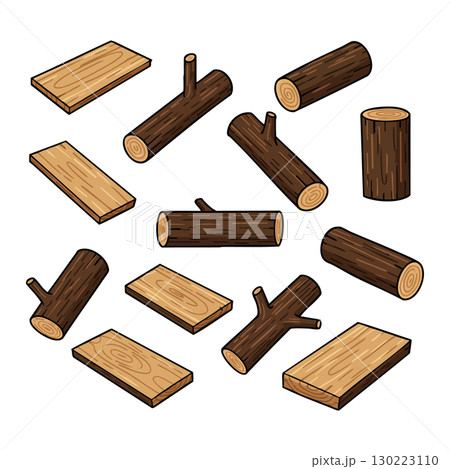 Wood Logs and Planks Vector Illustration with Natural Brown Texture for Crafting and Construction 130223110