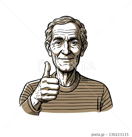 Elderly man giving thumbs up positive gesture in striped shirt vector illustration 130223115