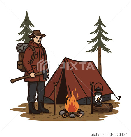 Male camper standing near campfire with tent and pine trees outdoor scene vector illustration 130223124
