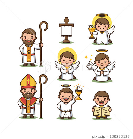 Christian religious characters including priest, bishop, angels with chalice and bible vector illustration 130223125