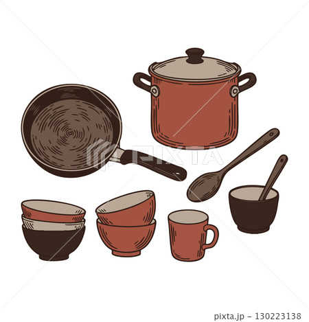 Kitchen cookware set with frying pan, pot, bowls, wooden spoons, and cup illustration vector Kitchen cookware set with frying pan, pot, bowls, wooden spoons, and cup illustration vector 130223138