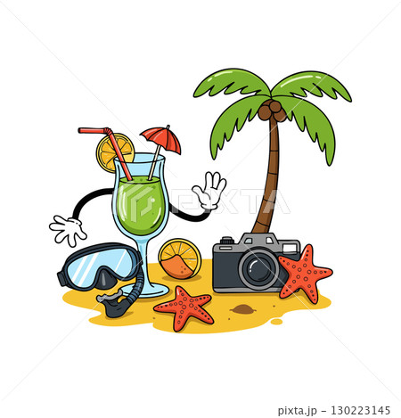 Tropical beach scene with cocktail glass camera starfish palm tree summer vacation vector illustration 130223145