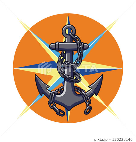Nautical anchor with chain over orange background and compass star vector illustration 130223146