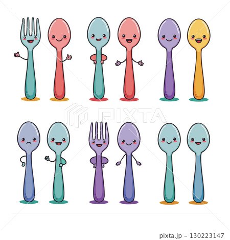Cute smiling colorful spoons and forks cartoon vector illustration with happy faces 130223147