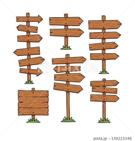 Wooden Directional Signposts Vector Collection with Multiple Arrow Signs and Blank Boards for Navigation 130223148