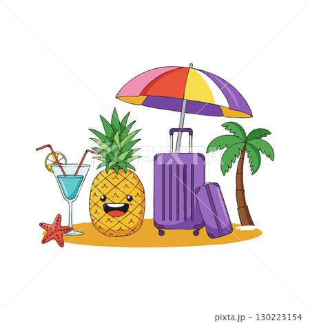 Pineapple with smiling face summer vacation umbrella palm tree and luggage illustration vector 130223154