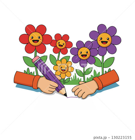 Happy colorful smiling flowers drawing with hands holding pencil and paper vector illustration 130223155