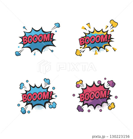 Comic Style Boom Explosion Speech Bubbles with Colorful Cartoon Effects Vector Set 130223156
