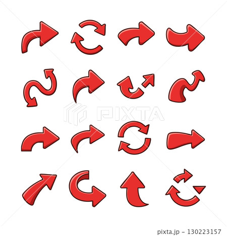 Red curved and straight arrow icons set for direction and navigation vector illustration 130223157