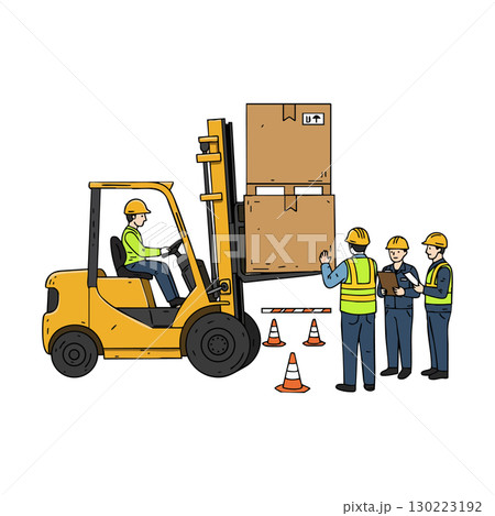 Forklift operator lifting large boxes with workers supervising warehouse safety procedures vector Forklift operator lifting large boxes with workers supervising warehouse safety procedures vector 130223192