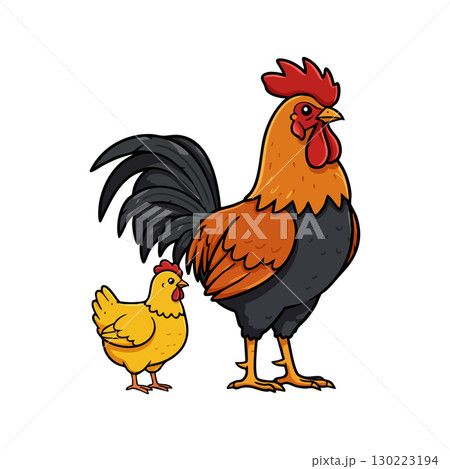 Rooster and Chick Farm Birds Vector Illustration with Orange and Yellow Colors Rooster and Chick Farm Birds Vector Illustration with Orange and Yellow Colors 130223194