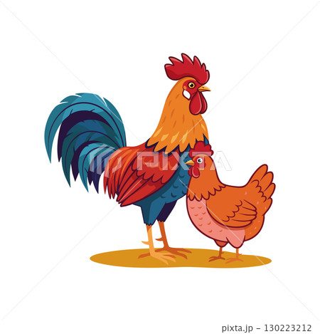 Rooster and Hen Farm Birds Vector Illustration with Blue and Orange Feathers Rooster and Hen Farm Birds Vector Illustration with Blue and Orange Feathers 130223212