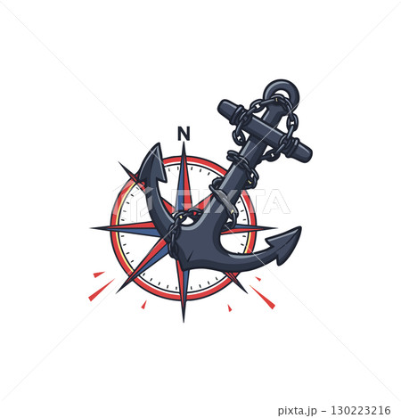 Nautical anchor with compass rose vector illustration in navy blue and red colors Nautical anchor with compass rose vector illustration in navy blue and red colors 130223216