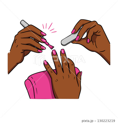 Hands Applying Pink Nail Polish and Filing Nails in Beauty Care Routine Vector Illustration 130223219
