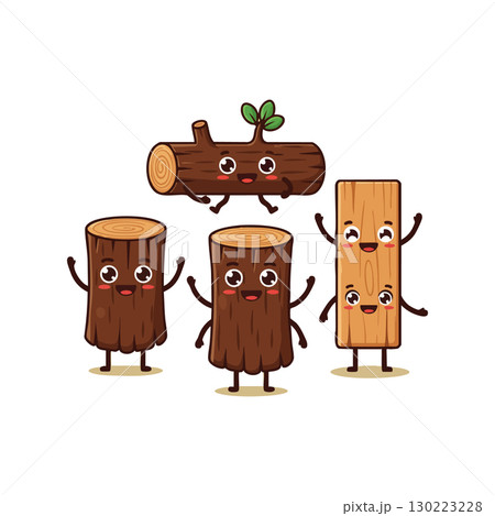 Cute wood logs and plank characters with happy faces and arms vector illustration Cute wood logs and plank characters with happy faces and arms vector illustration 130223228