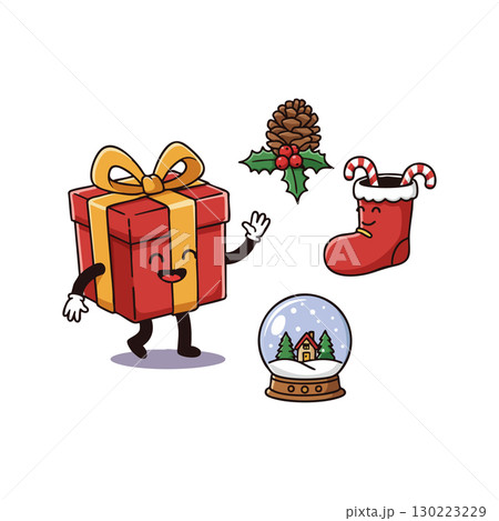 Christmas gift box character with pine cone holly candy cane stocking and snow globe vector illustration 130223229