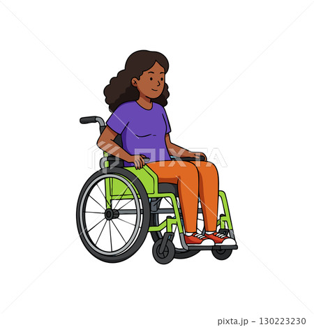 Young woman in wheelchair wearing purple shirt and orange pants sitting comfortably vector illustration 130223230