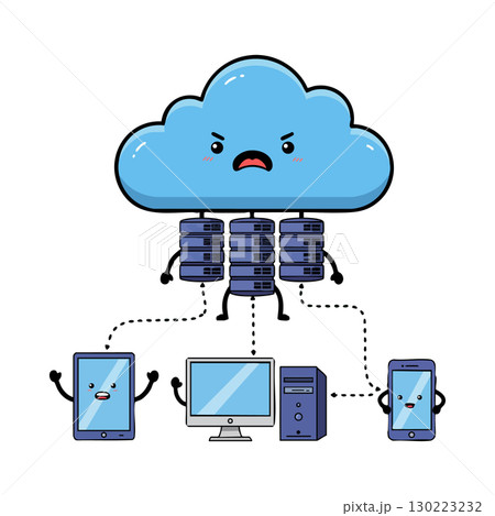 Angry cloud server hosting network with connected devices illustration vector graphic 130223232