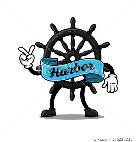 Harbor ship steering wheel mascot character showing peace sign vector illustration Harbor ship steering wheel mascot character showing peace sign vector illustration 130223233