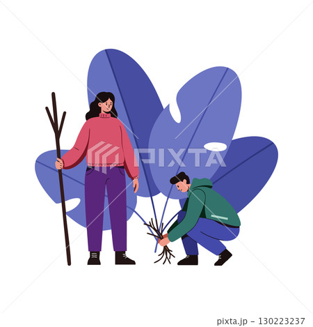 Two people collecting sticks in nature with purple leaves background vector illustration 130223237