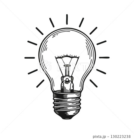 Light bulb sketch drawing with rays symbolizing bright idea inspiration creativity 130223238