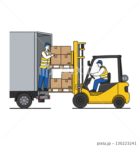 Forklift Loading Boxes into Truck with Workers Wearing Safety Vests Vector Illustration 130223241