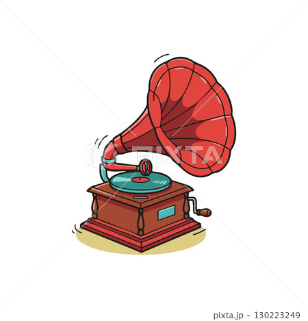 Vintage gramophone with red horn and wooden base music player illustration vector Vintage gramophone with red horn and wooden base music player illustration vector 130223249