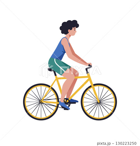 Person riding yellow bicycle with blue and green clothing casual outdoor activity Person riding yellow bicycle with blue and green clothing casual outdoor activity 130223250