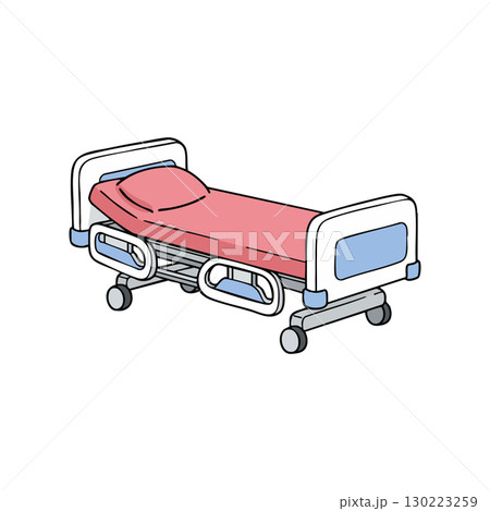 Hospital bed with red blanket and blue details medical furniture vector illustration Hospital bed with red blanket and blue details medical furniture vector illustration 130223259