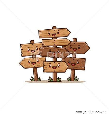 Wood Directional Signpost with Happy Faces Vector Illustration for Playful Signage Design Wood Directional Signpost with Happy Faces Vector Illustration for Playful Signage Design 130223268