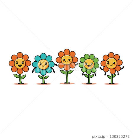 Smiling colorful cartoon flowers with orange green and blue petals vector illustration 130223272