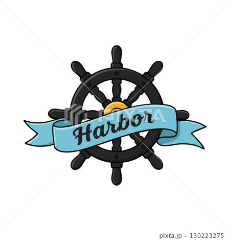 Ship Steering Wheel with Blue Harbor Ribbon Nautical Vector Illustration Design 130223275
