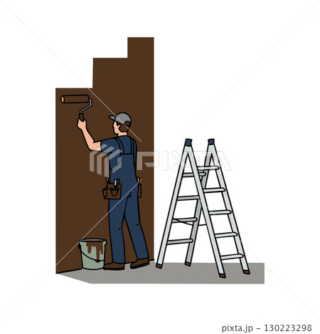 Painter applying brown paint on wall using roller with ladder nearby vector illustration 130223298