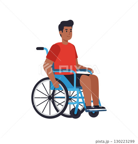Disabled man sitting in blue wheelchair vector illustration with red shirt and black shorts Disabled man sitting in blue wheelchair vector illustration with red shirt and black shorts 130223299