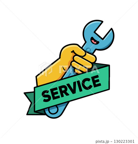 Hand holding wrench with service ribbon banner vector illustration design Hand holding wrench with service ribbon banner vector illustration design 130223301