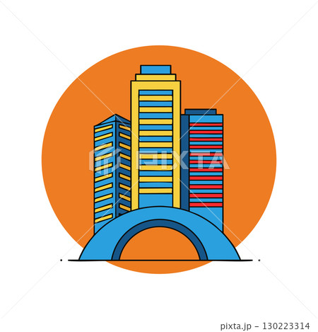 Modern cityscape with colorful skyscrapers and arch against orange circle background vector illustration Modern cityscape with colorful skyscrapers and arch against orange circle background vector illustration 130223314