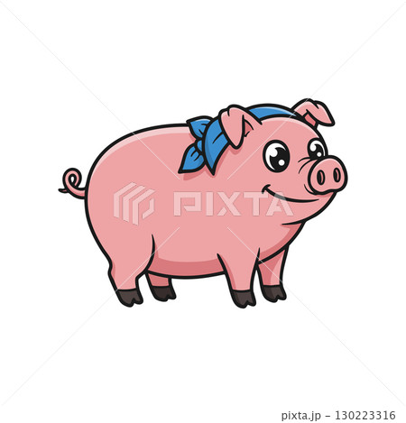 Cute pink pig with blue bandana cartoon vector illustration for children and farm themes 130223316