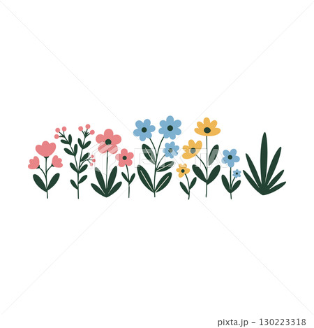 Colorful pink blue yellow flowers with green leaves vector illustration for decoration Colorful pink blue yellow flowers with green leaves vector illustration for decoration 130223318