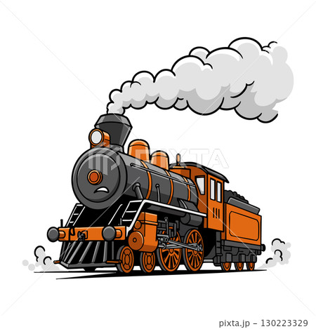 Vintage steam locomotive train with smoke and orange details vector illustration Vintage steam locomotive train with smoke and orange details vector illustration 130223329