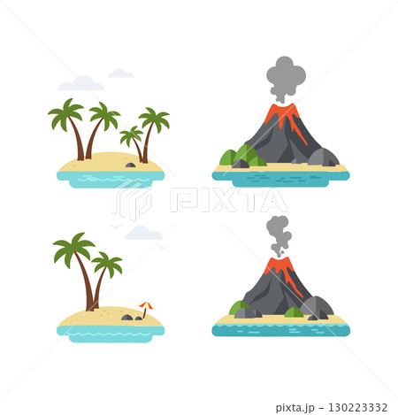 Volcanic island and tropical island vector set with palm trees and ocean water Volcanic island and tropical island vector set with palm trees and ocean water 130223332