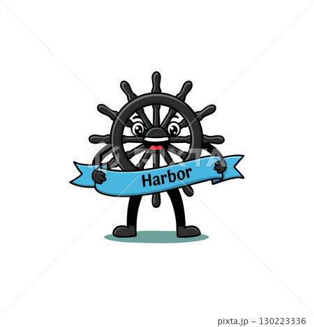Cartoon ship steering wheel character holding harbor banner vector illustration 130223336