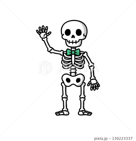 Skeleton with green bow tie waving hand vector illustration in simple cartoon style Skeleton with green bow tie waving hand vector illustration in simple cartoon style 130223337