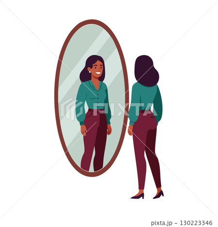 Woman looking at reflection in full length mirror indoor vector illustration smiling confident 130223346