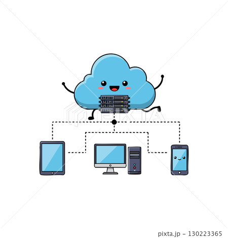 Cloud computing technology with connected devices and servers in blue vector illustration 130223365