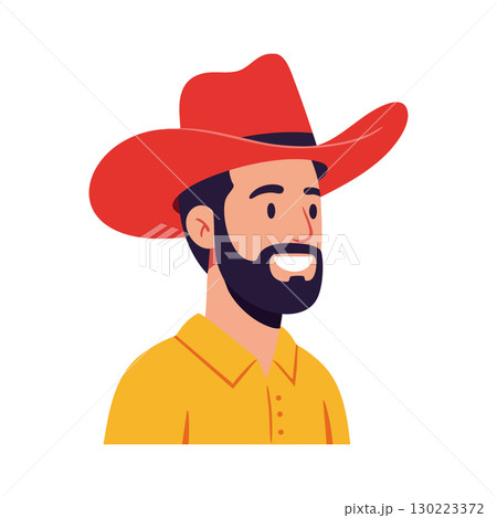 Bearded man wearing red cowboy hat and yellow shirt smiling vector illustration Bearded man wearing red cowboy hat and yellow shirt smiling vector illustration 130223372
