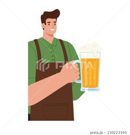 Man Holding Glass of Beer with Foam and Green Shirt in Vector Illustration 130223393
